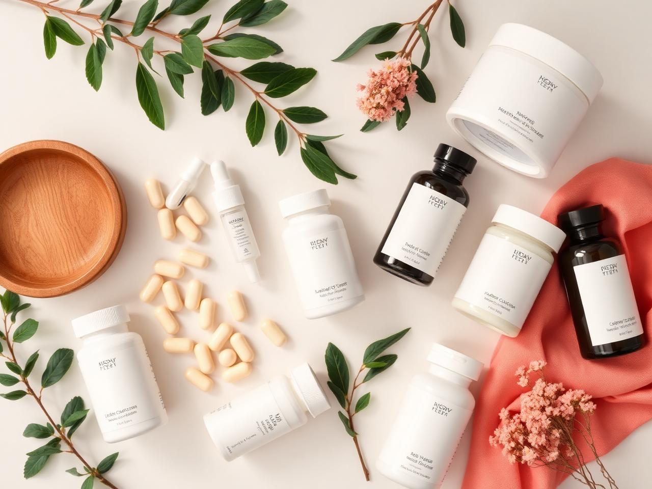 Produtos naturais de saúde e bem-estar em composição minimalista